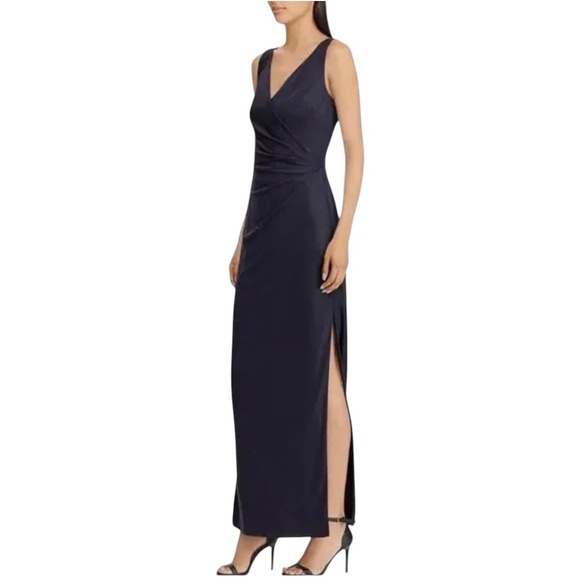 Lauren Ralph Lauren Dresses & Skirts - Lauren Ralph Lauren Navy Metallic Ruched Surplice V-Neck Maxi Gown Dress 16